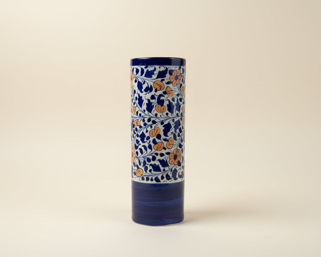 Blue handmade pottery Vase with Orange Flowers