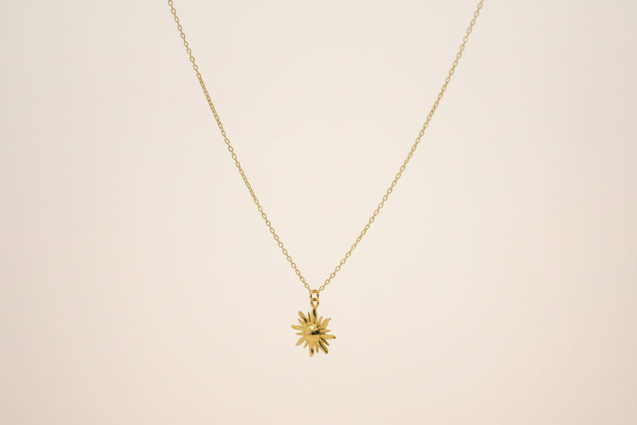 Gold necklace with a sun pendant on a light beige background