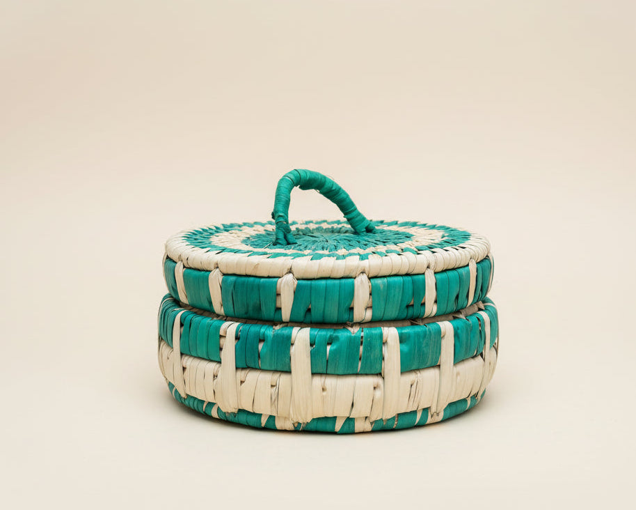 Handmade Green Basket with Lid Sideview