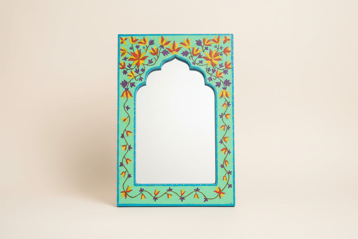 Handpainted mirror with an arch shape in green