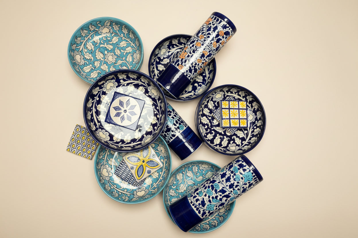 Collection of ceramic plates and tumblers with intricate blue and white patterns on a pink surface.